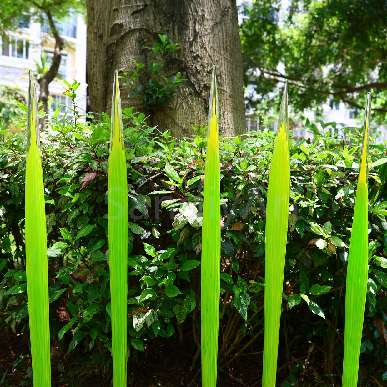 Bright green hand made blown glass sticks decoration similar chihuly garden glass decoration