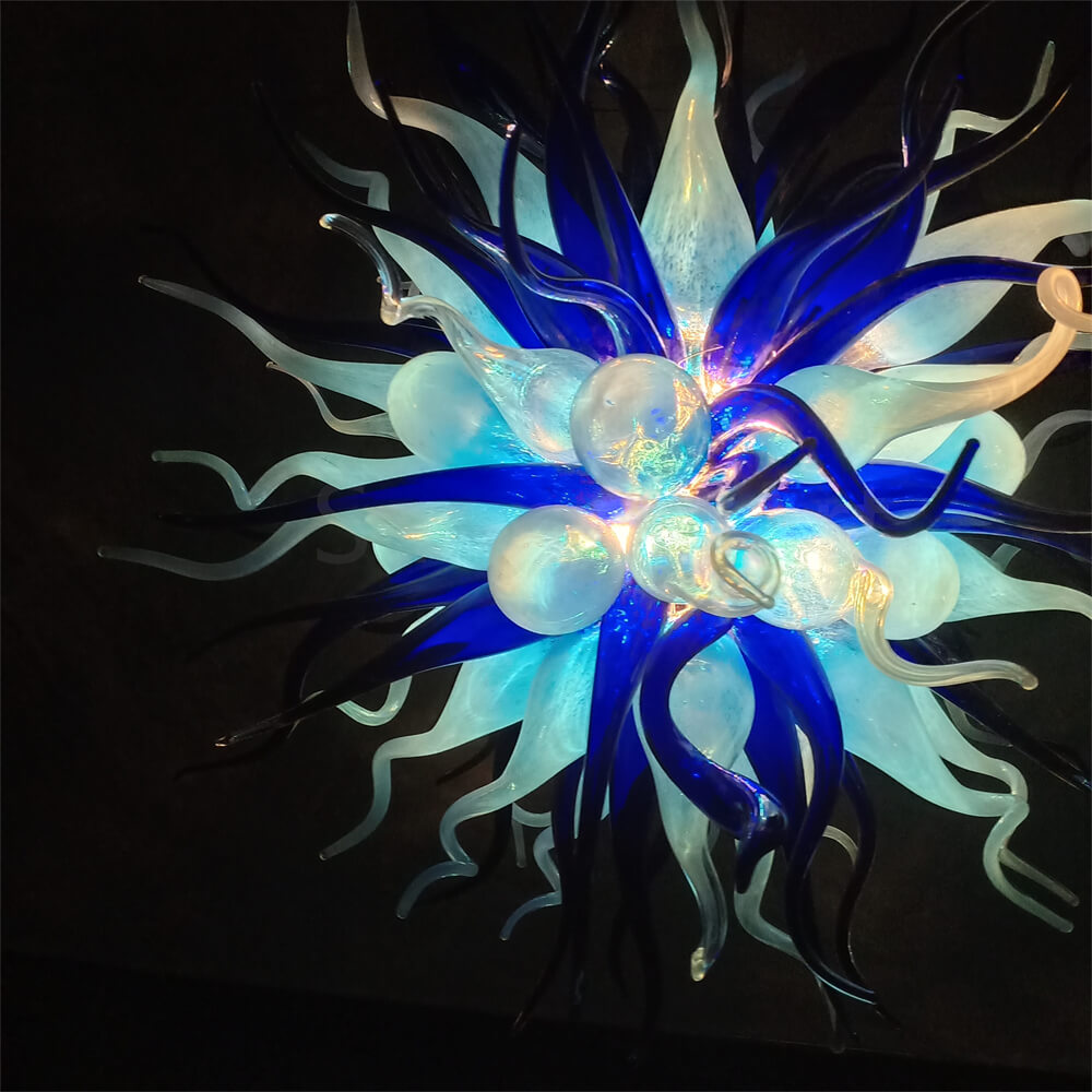Custom color blue hand blown glass chandelier for sale