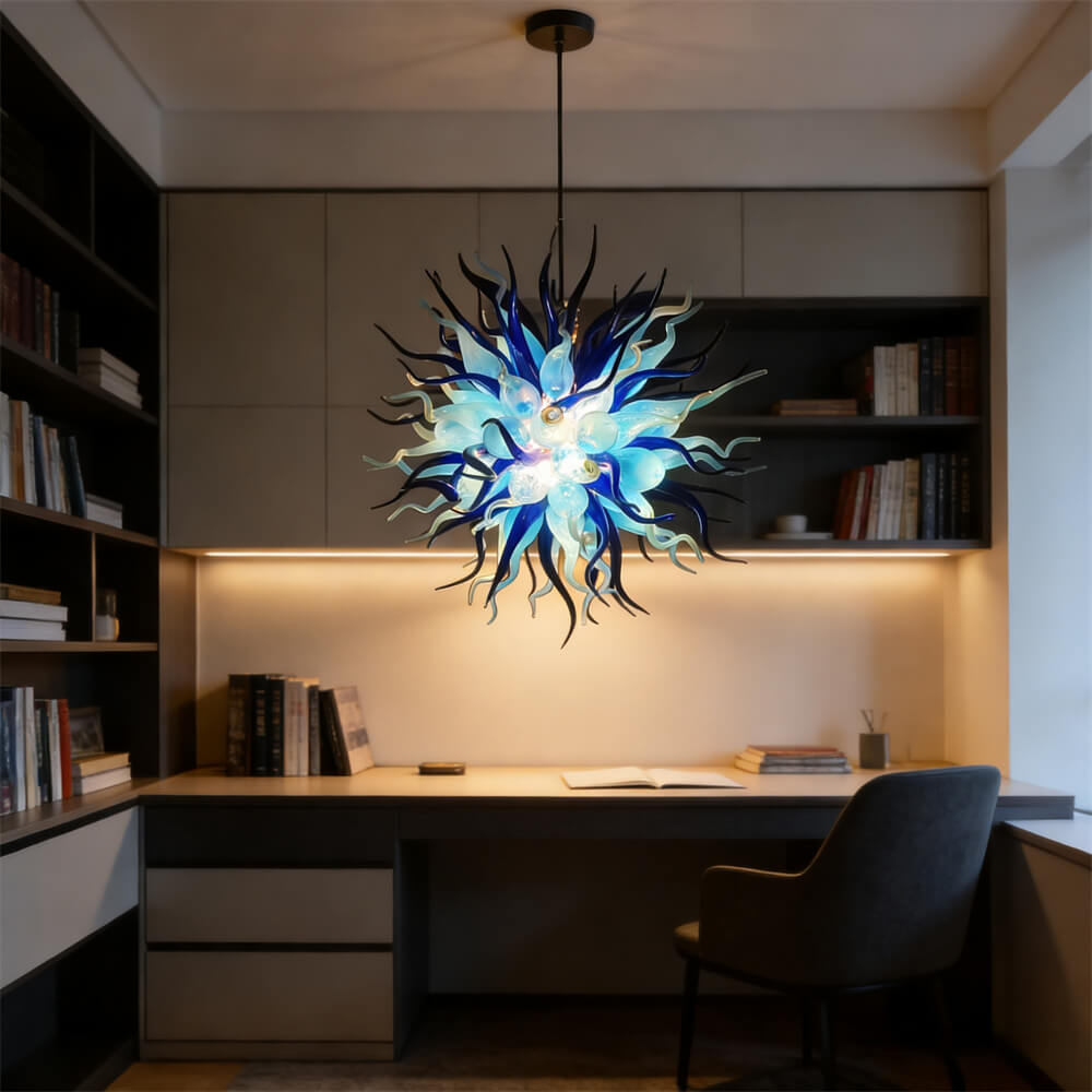 Custom color blue hand blown glass chandelier for sale