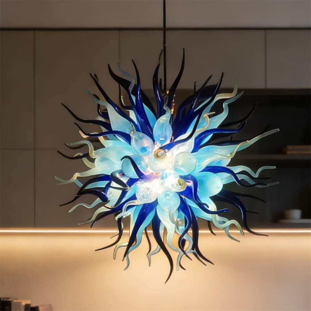 Custom color blue hand blown glass chandelier for sale