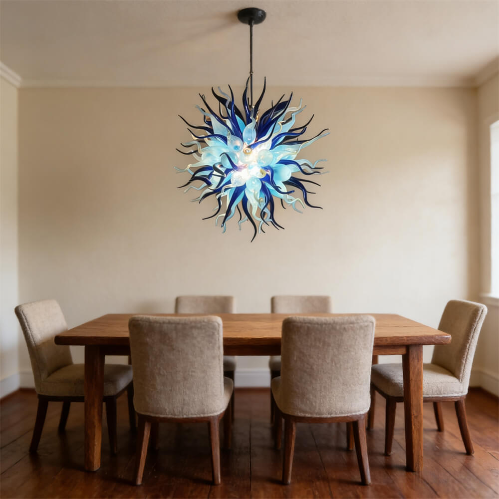 Custom color blue hand blown glass chandelier for sale