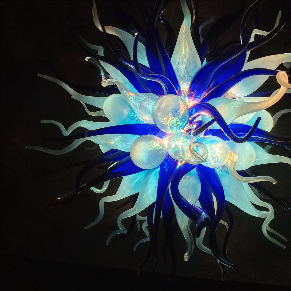 Custom color blue hand blown glass chandelier for sale