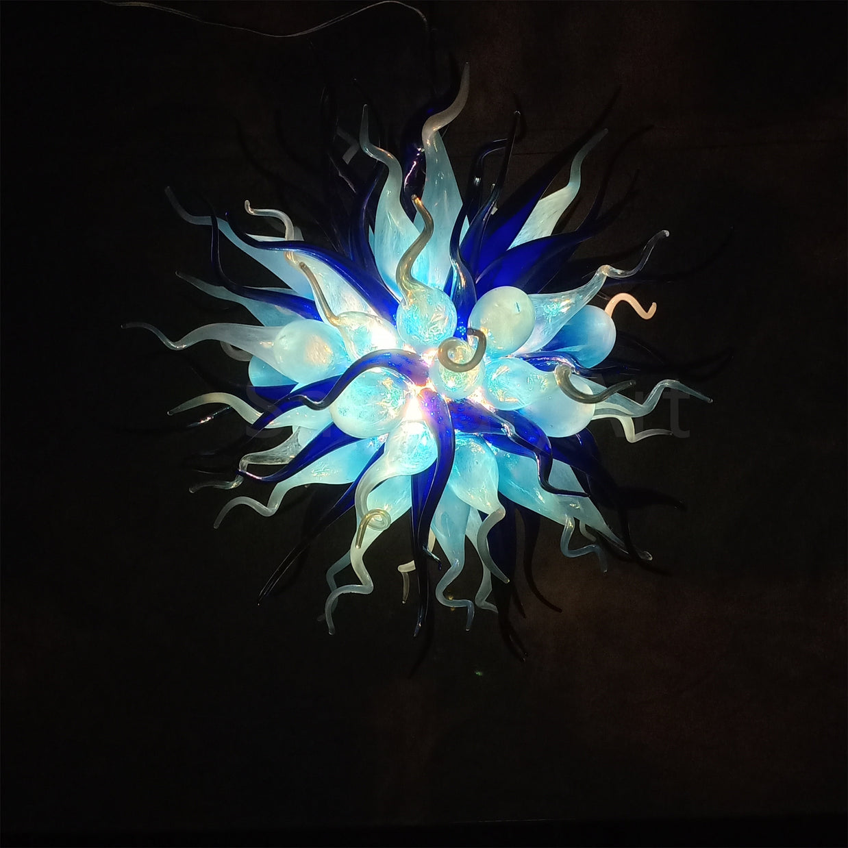 Custom color blue hand blown glass chandelier for sale