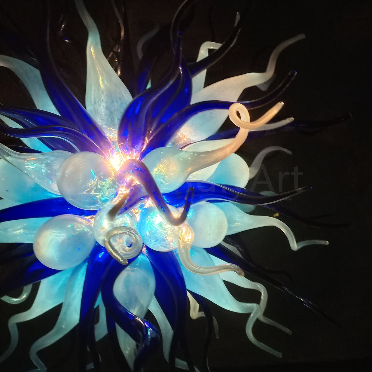 Custom color blue hand blown glass chandelier for sale