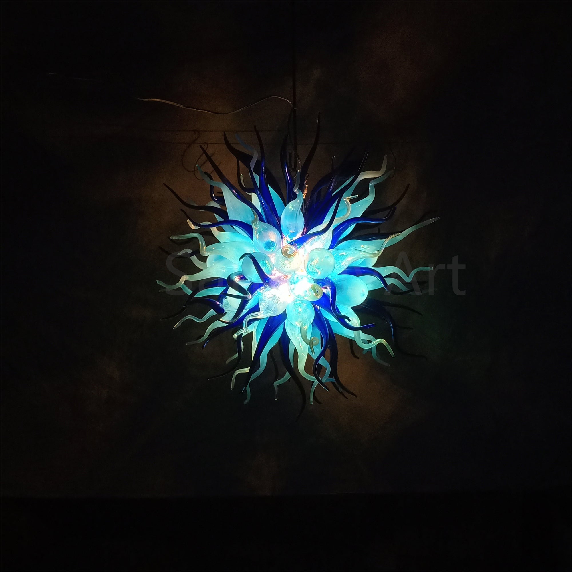 Custom color blue hand blown glass chandelier for sale