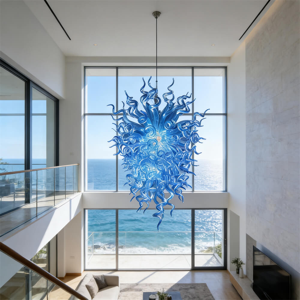dark blue blown glass pendant chandelier chihuly style