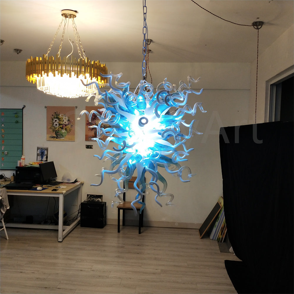 Modern custom design blue and white mouth blown glass chandelier living room decoration