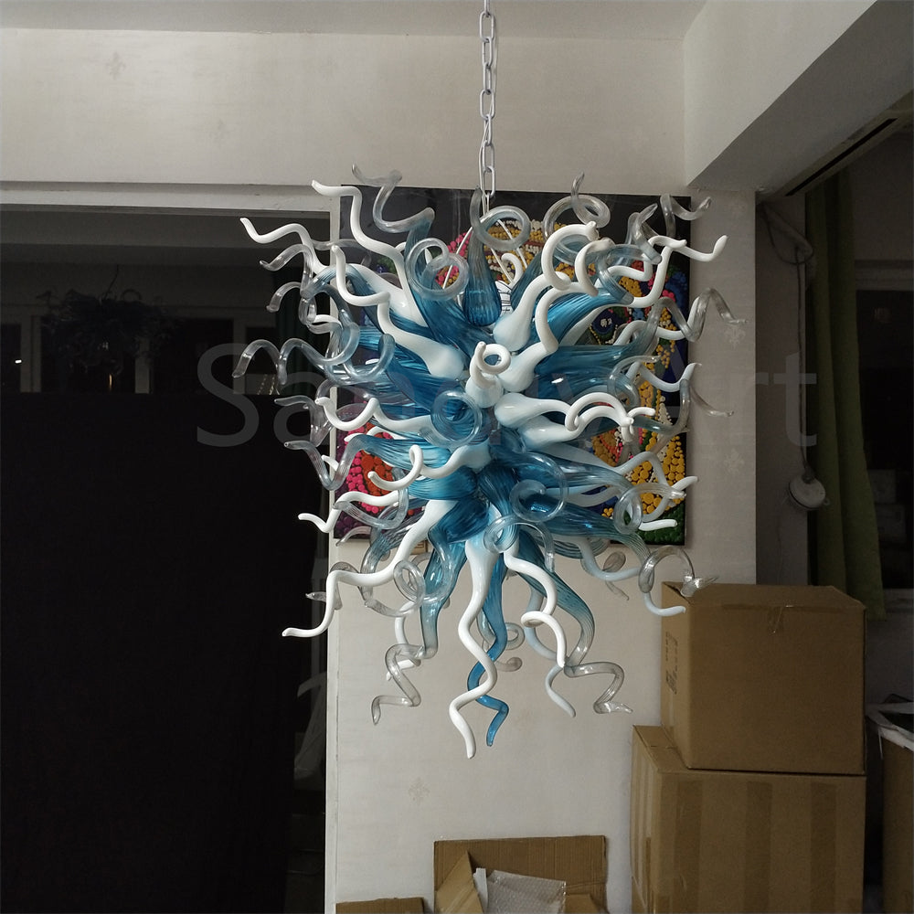 Modern custom design blue and white mouth blown glass chandelier living room decoration