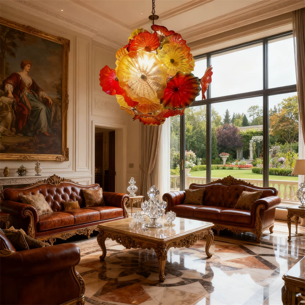 Colorful mouth blown glass lotus leaves chandelier villa decoration