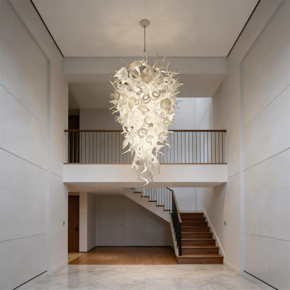 White color mixed flowers and tubes handblown glass chandelier stairway decoration