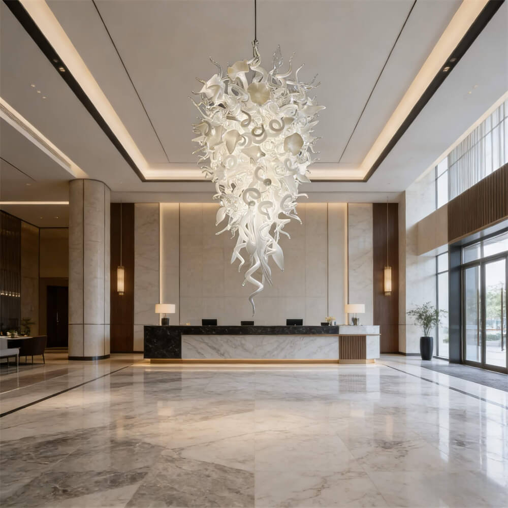 White color mixed flowers and tubes handblown glass chandelier stairway decoration