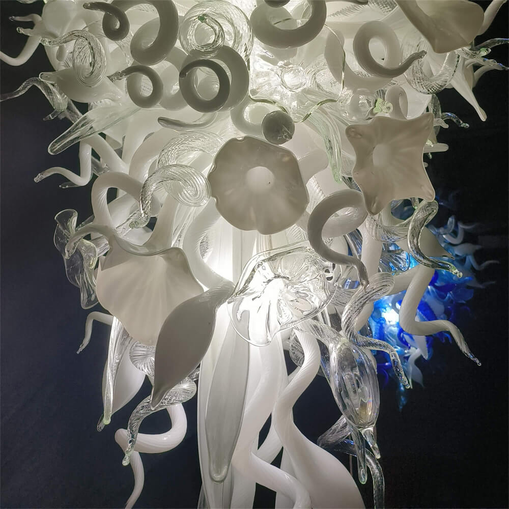 White color mixed flowers and tubes handblown glass chandelier stairway decoration
