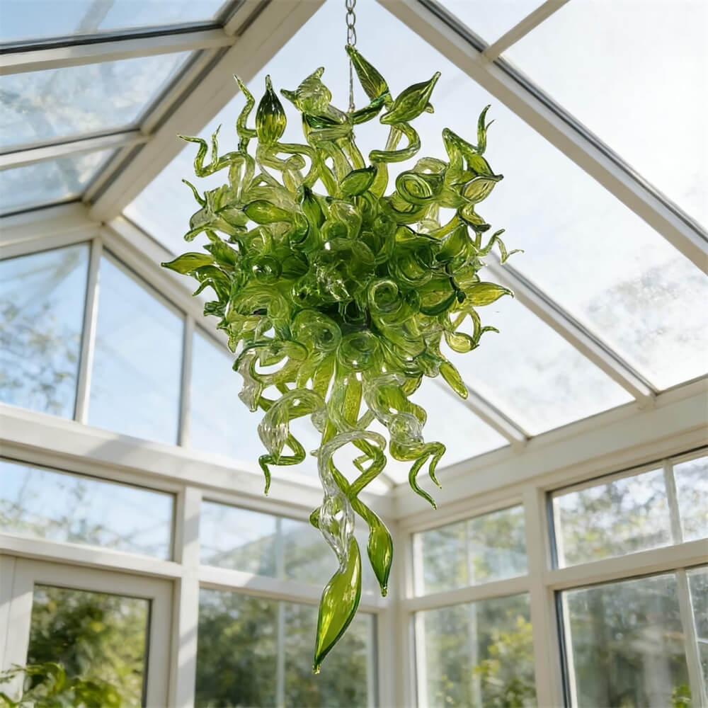 Green color Blown art glass chandelier natural style villa decoration