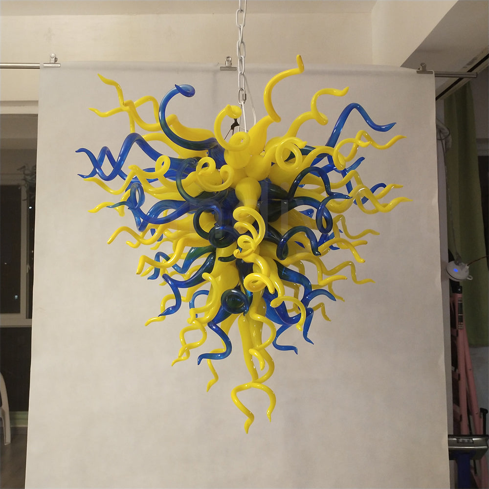 Blue and yellow blown glass chandelier for dining room decoration