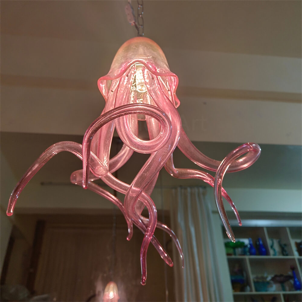 Small pink color hand made blown glass Jellyfish pendant light