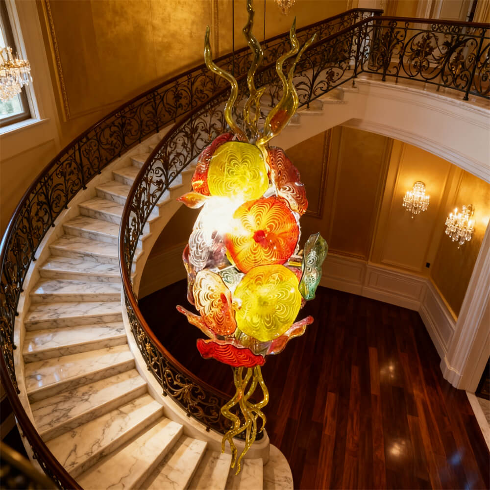 Multicolor hand made custom glass flower chandelier villa decoration