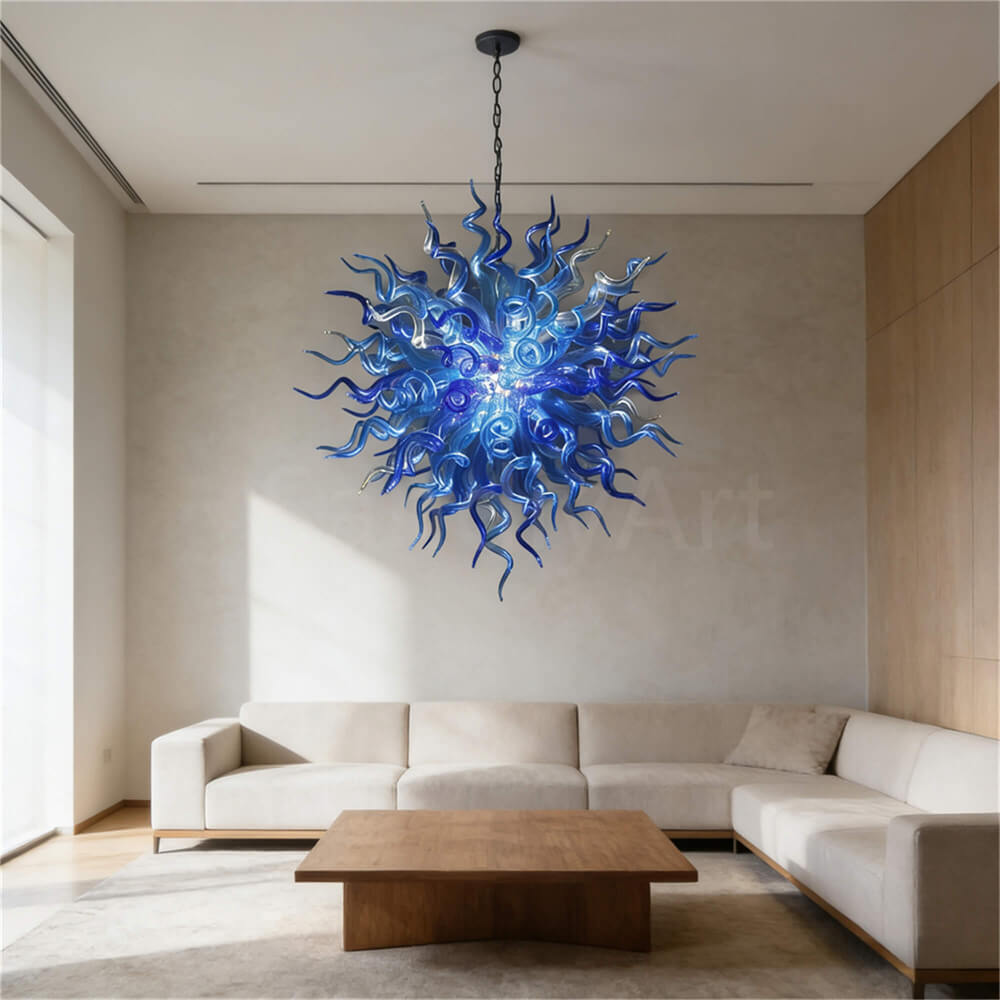 Blue color handmade DIY round shape blown glass chandelier lighting