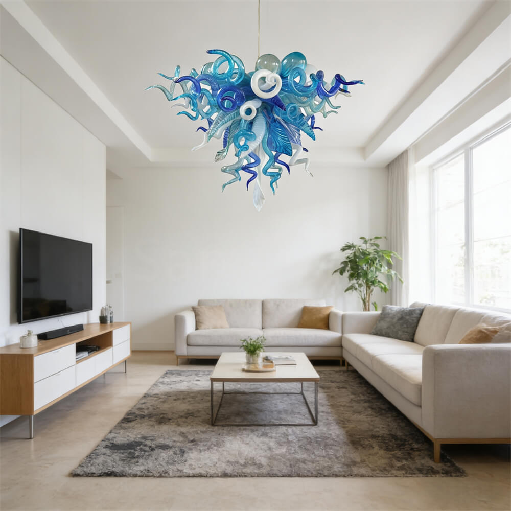 Hand made blown glass blue chandelier lighting art custom design