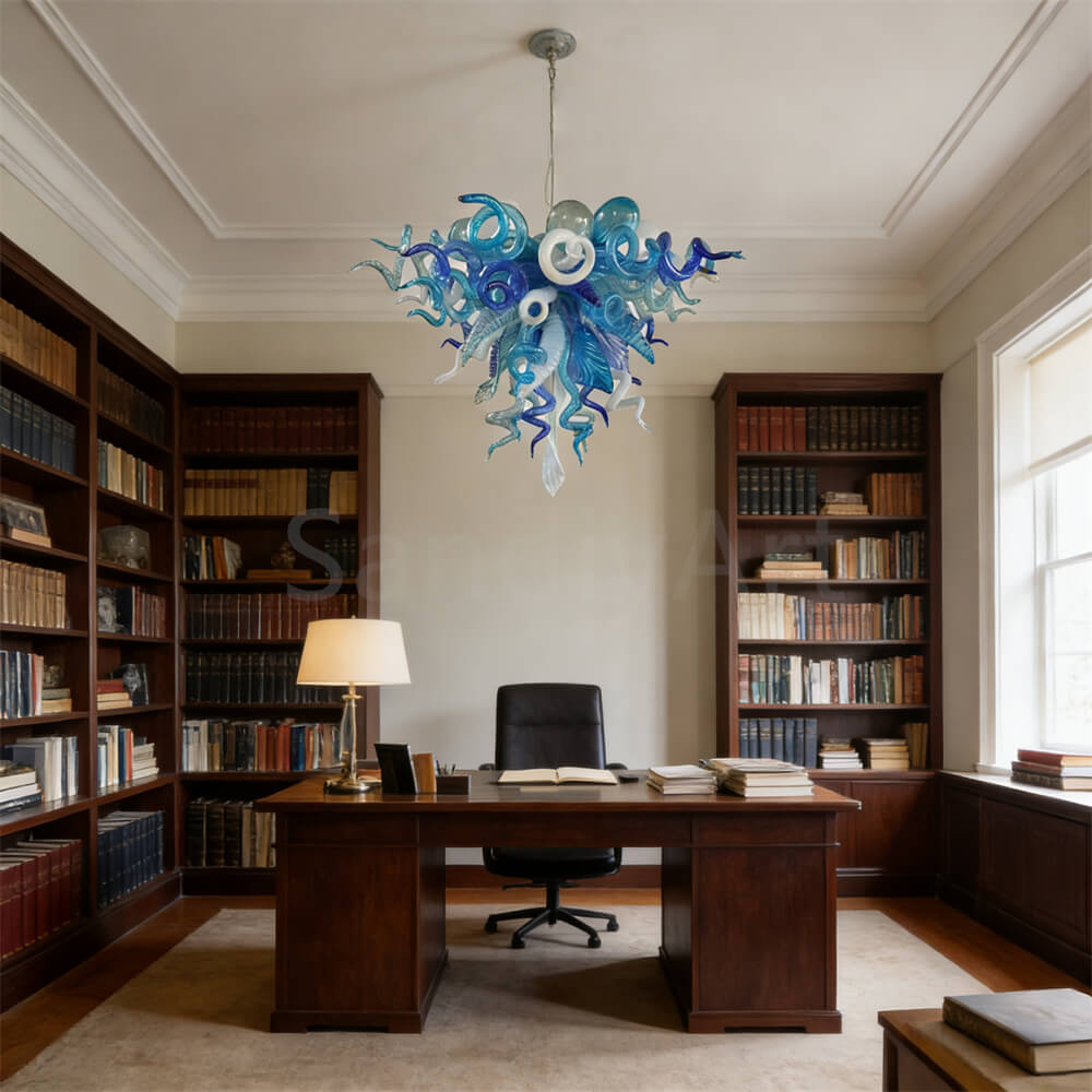Hand made blown glass blue chandelier lighting art custom design