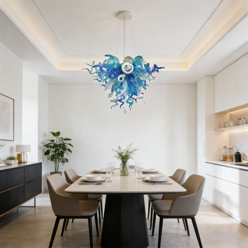 Hand made blown glass blue chandelier lighting art custom design