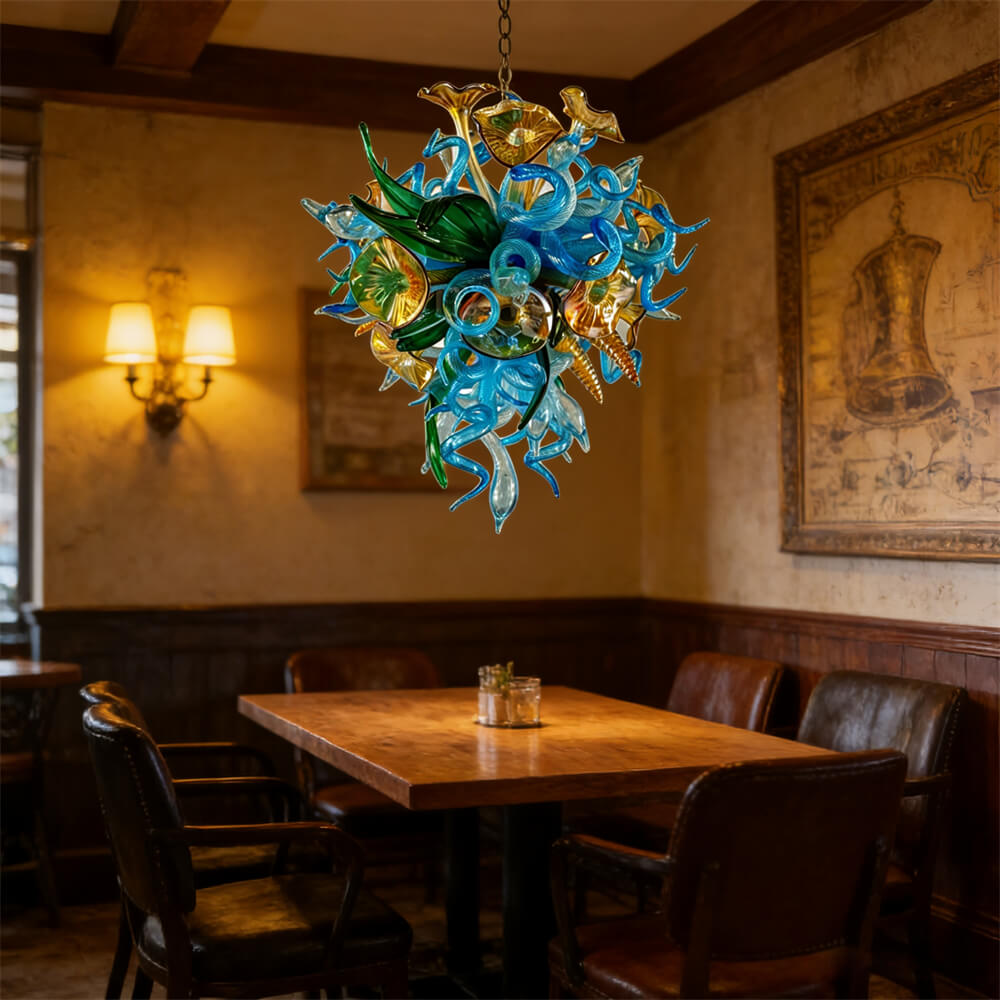 Special custom design dining room blown glass chandelier blue green and gold color
