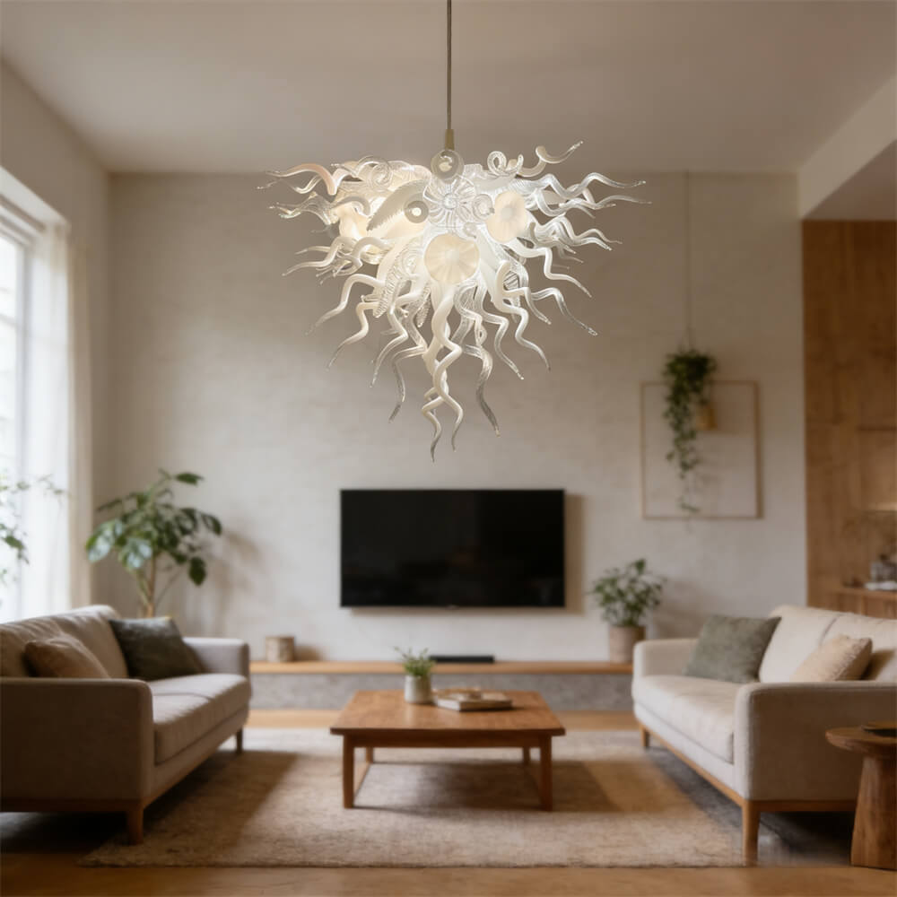 Modern design hand made clear and white blown glass chandelier