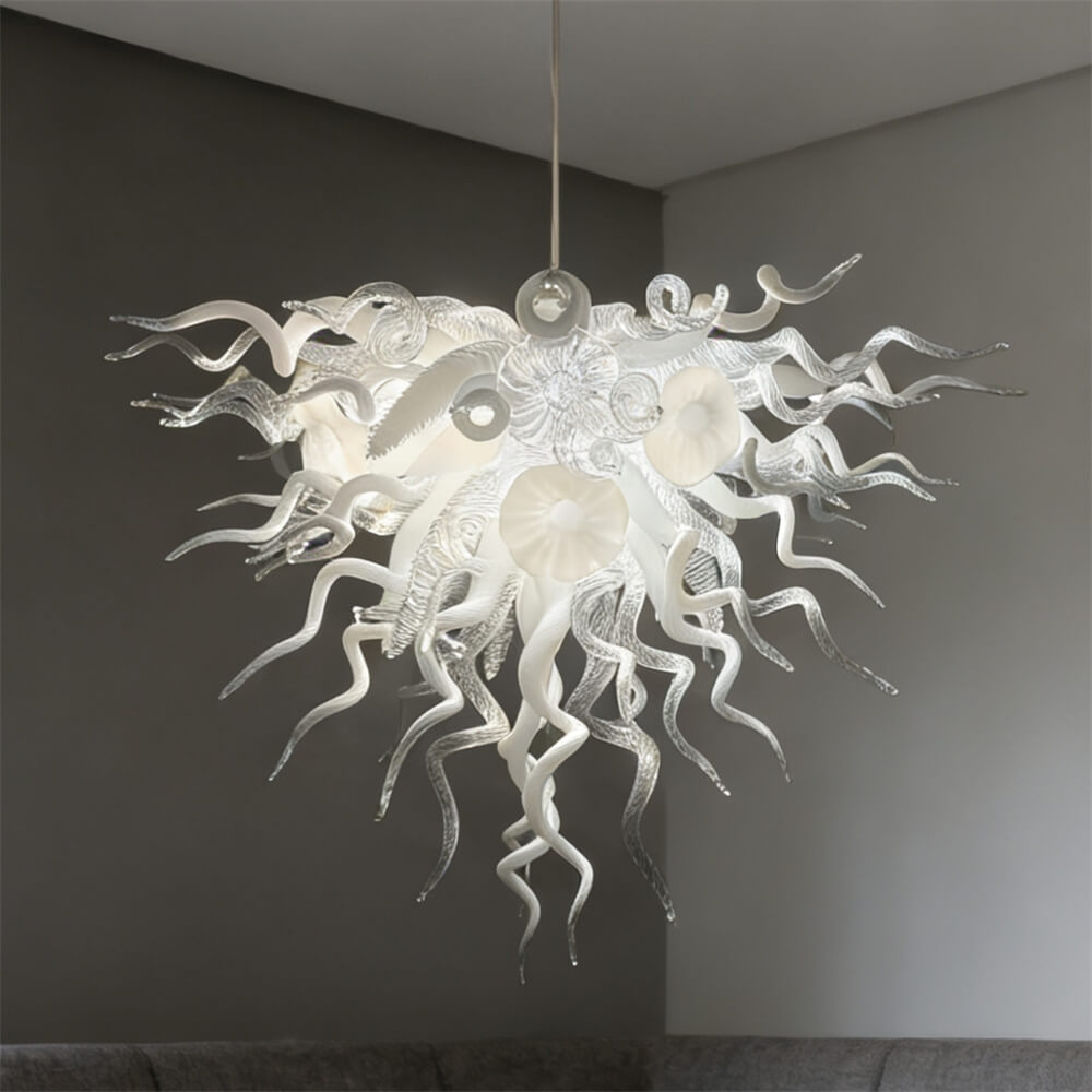 Modern design hand made clear and white blown glass chandelier