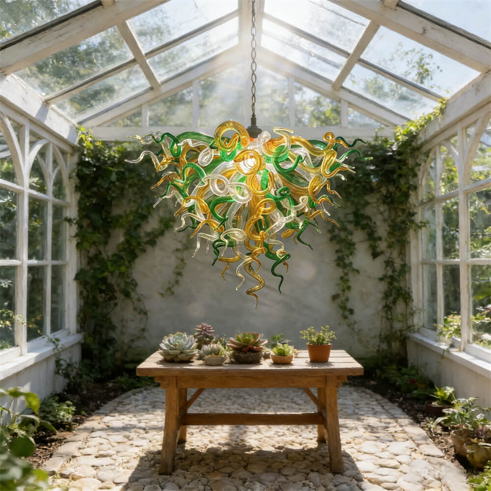 Green and amber color hand made blown glass ceiling light