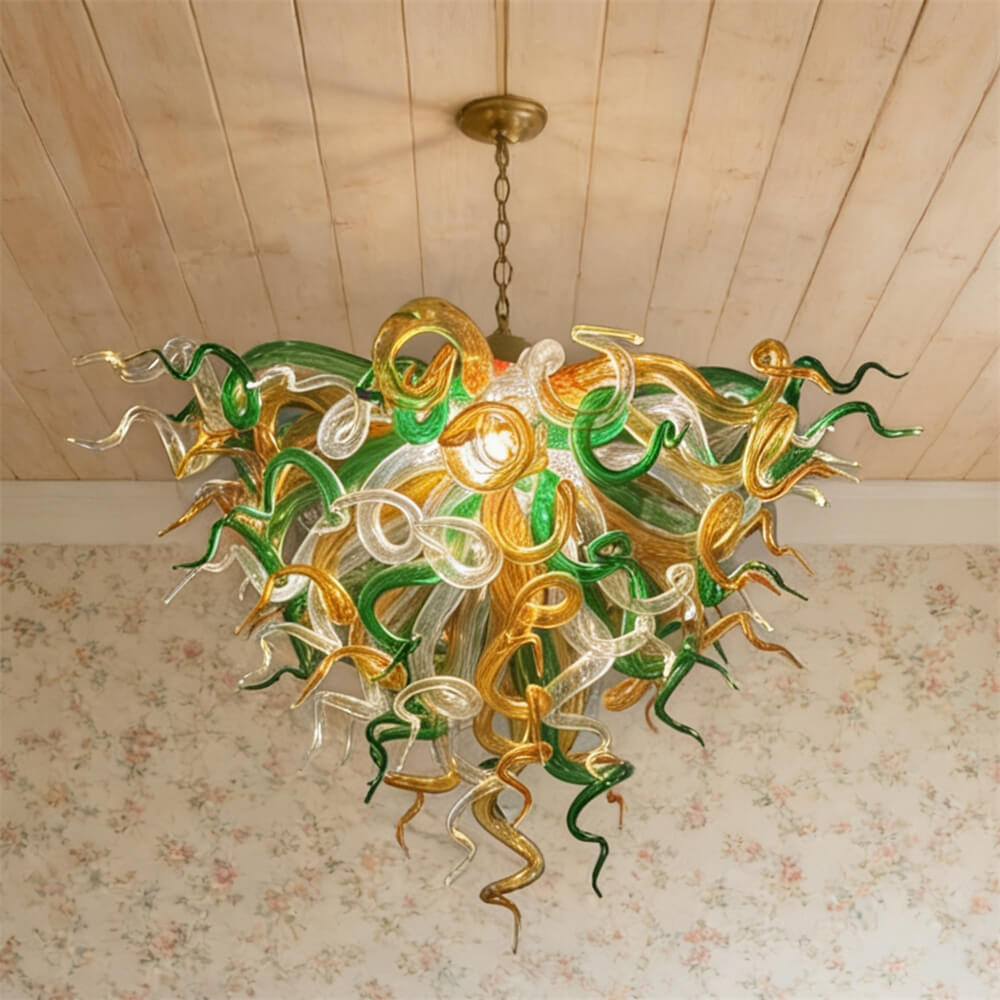 Green and amber color hand made blown glass ceiling light