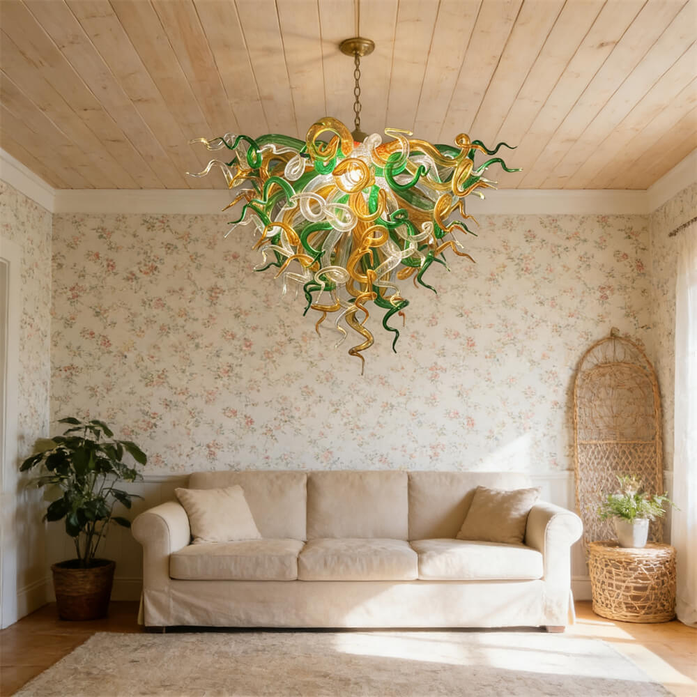 Green and amber color hand made blown glass ceiling light