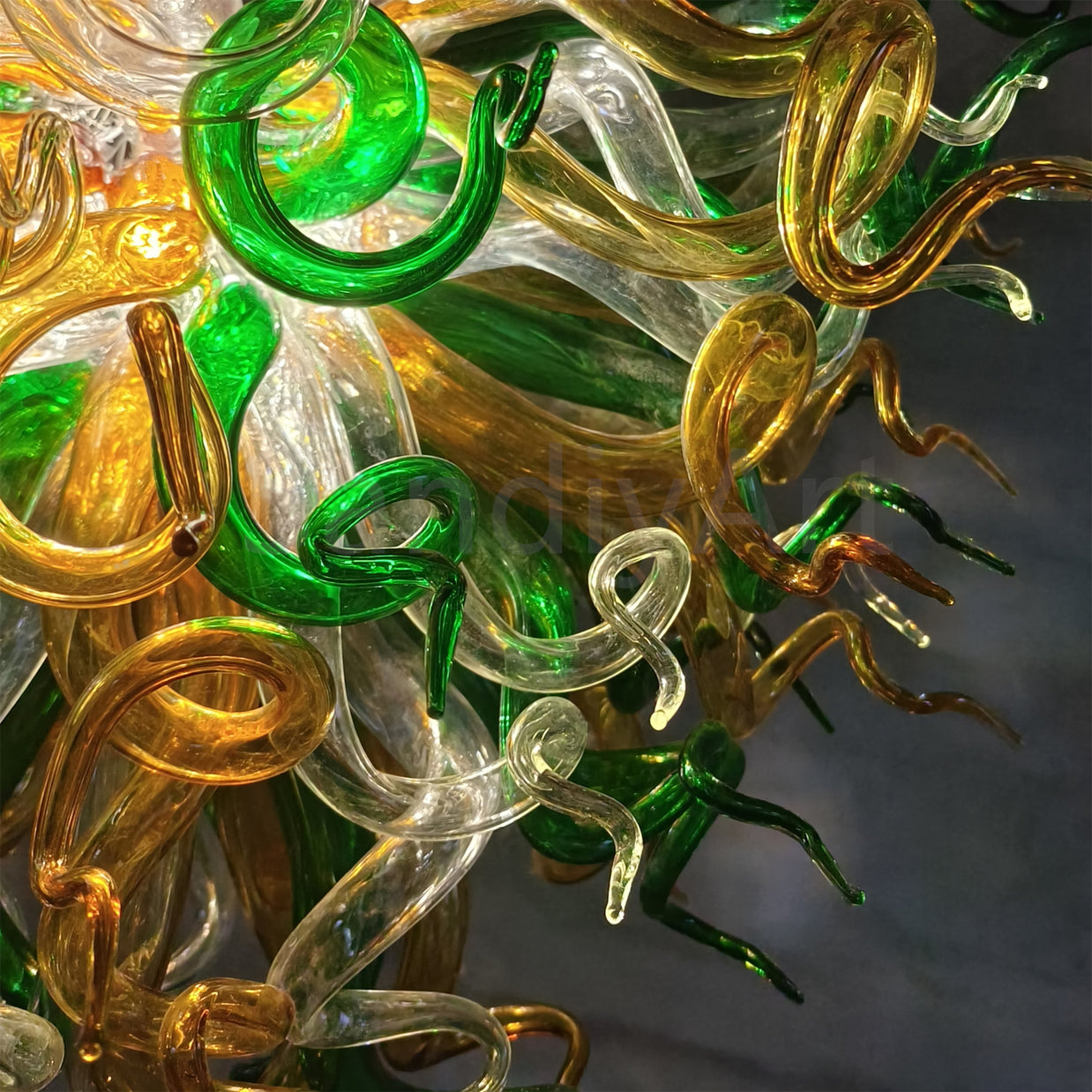 Green and amber color hand made blown glass ceiling light