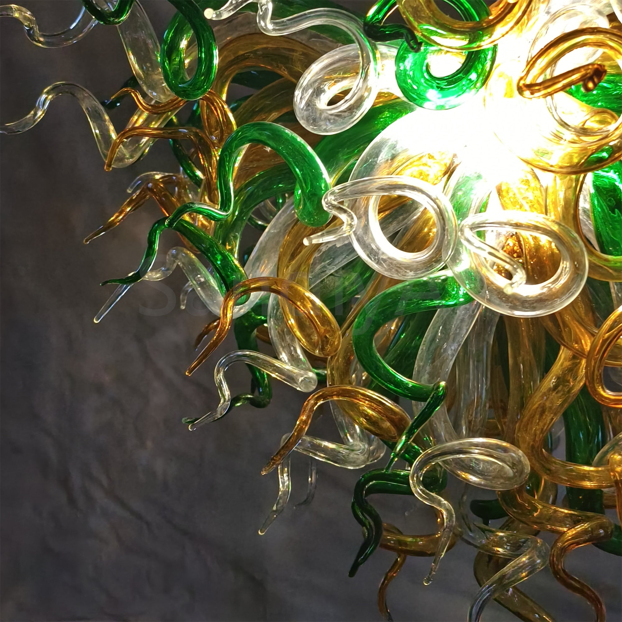 Green and amber color hand made blown glass ceiling light