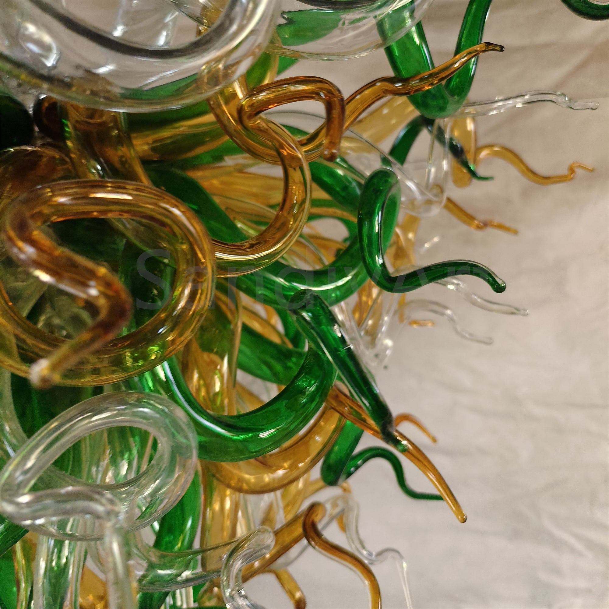 Green and amber color hand made blown glass ceiling light