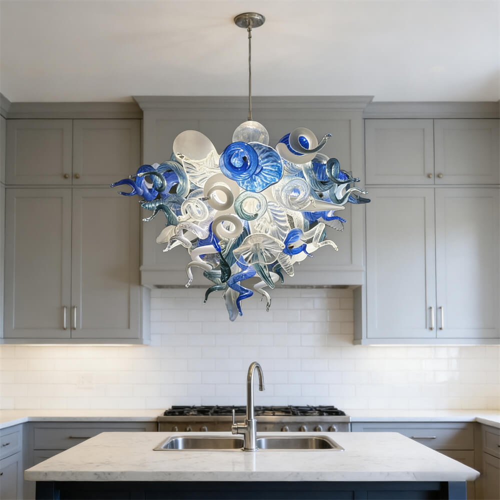 DIY hand blown glass chandelier blue with white color for dining room