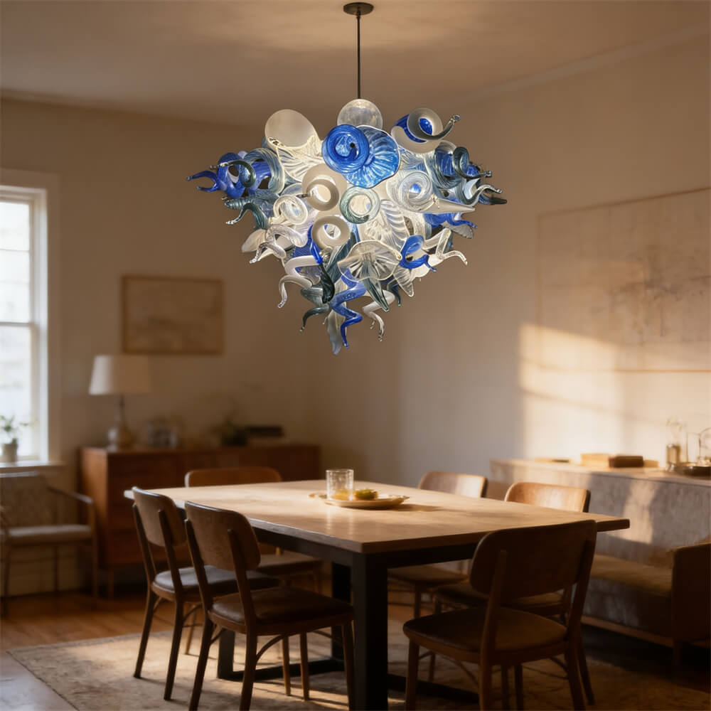 DIY hand blown glass chandelier blue with white color for dining room