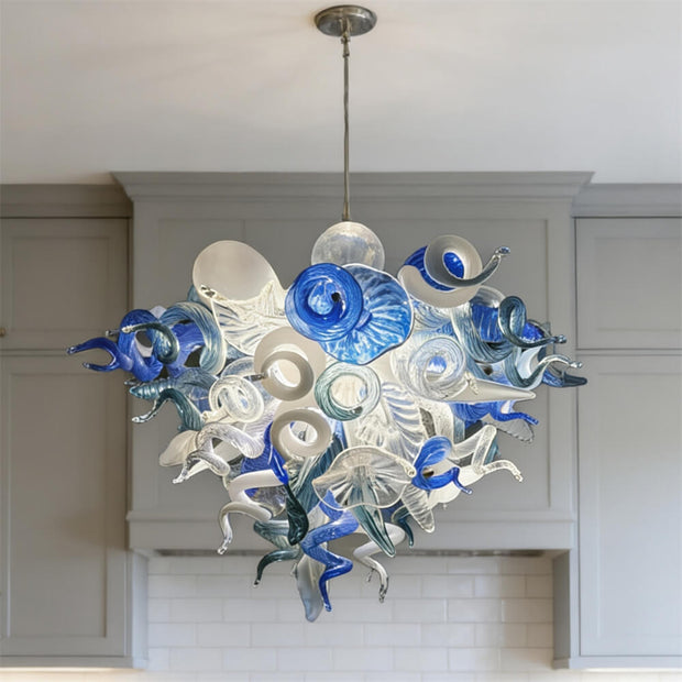 DIY hand blown glass chandelier blue with white color for dining room