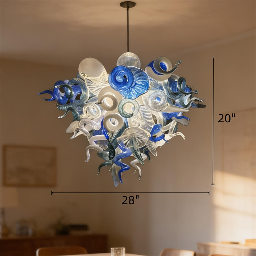 DIY hand blown glass chandelier blue with white color for dining room