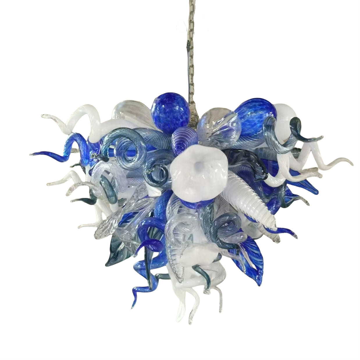DIY hand blown glass chandelier blue with white color for dining room