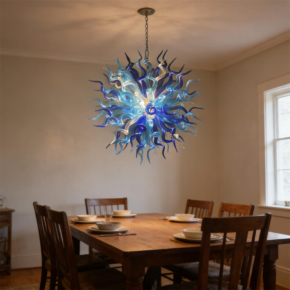 Light blue with dark blue blown glass chandelier round shape