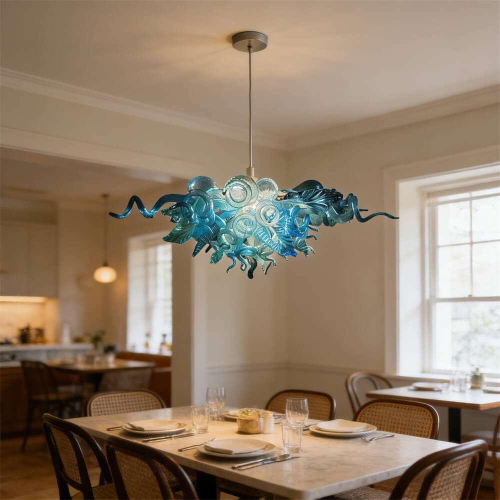 Ocean blue blown glass chandelier custom color and shape