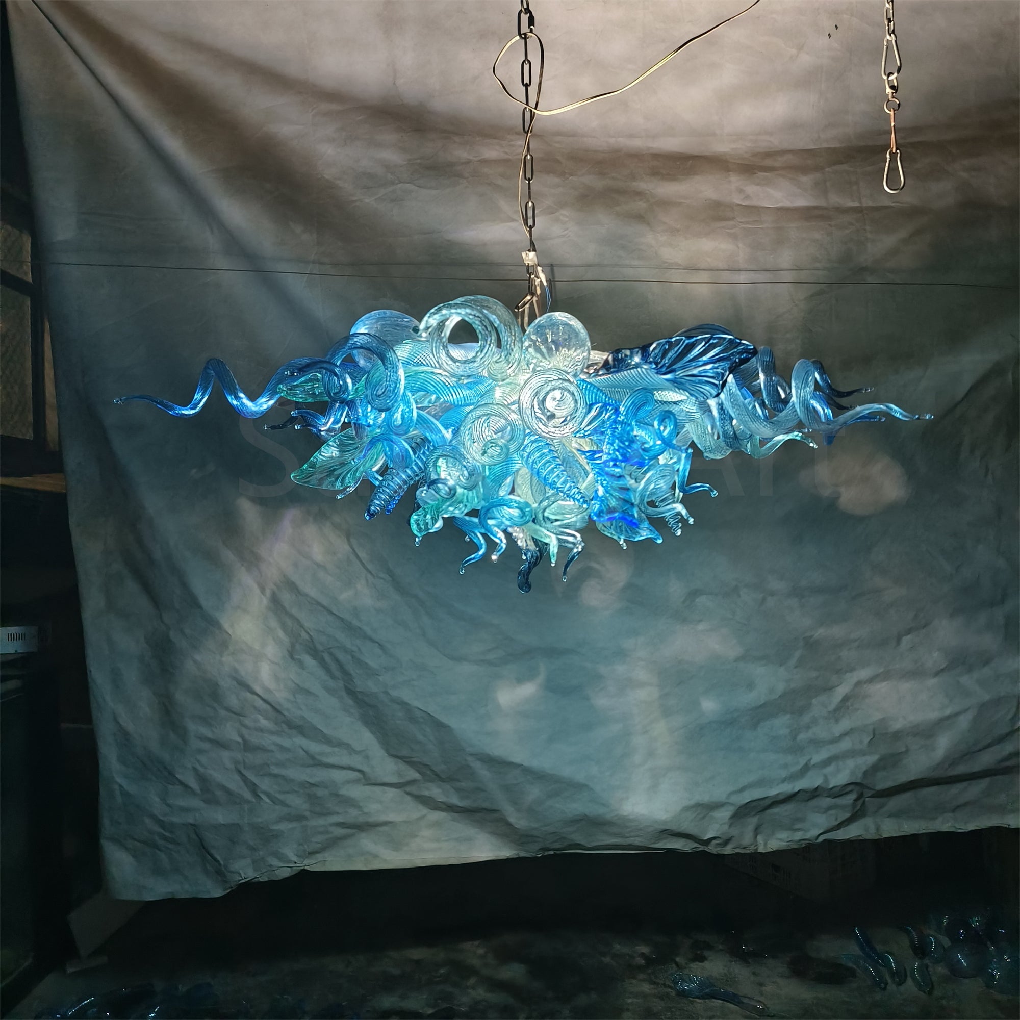 Ocean blue blown glass chandelier custom color and shape
