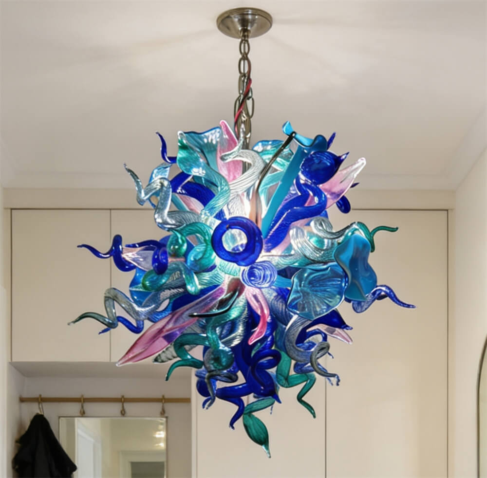 Blue mixed pink hand made blown glass pendant lamp