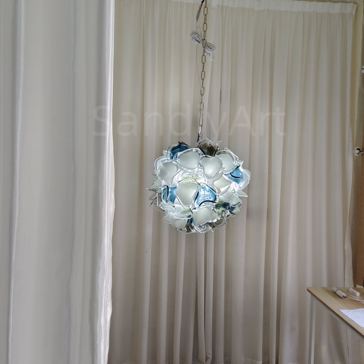 Modern white and blue murano glass chihuly style chandelier