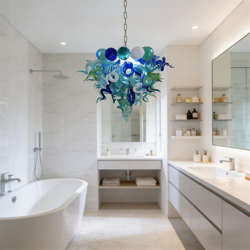 Blue and green blown glass chandelier for dining room