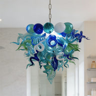 Blue and green blown glass chandelier for dining room
