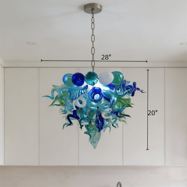 Blue and green blown glass chandelier for dining room