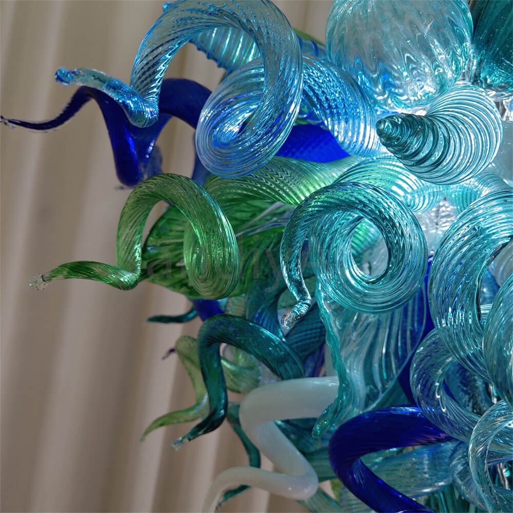 Blue and green blown glass chandelier for dining room