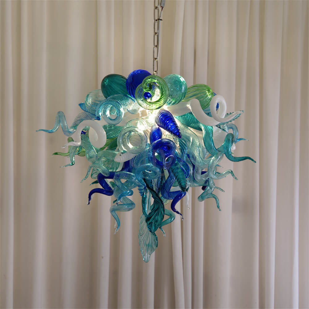 Blue and green blown glass chandelier for dining room