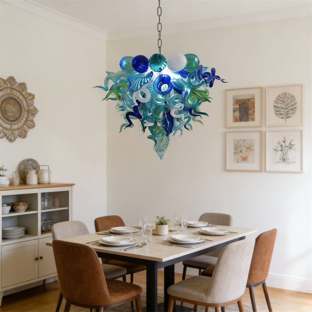 Blue and green blown glass chandelier for dining room