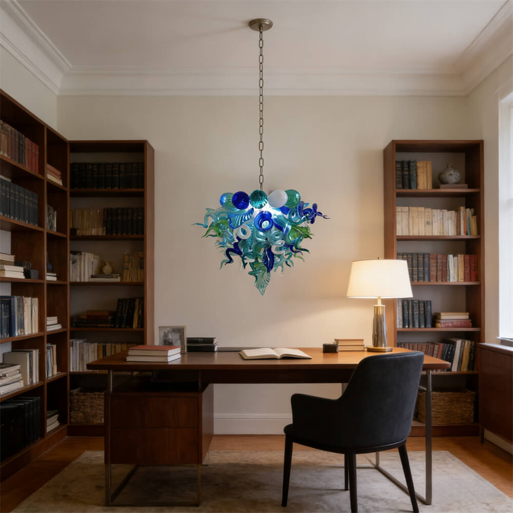 Blue and green blown glass chandelier for dining room